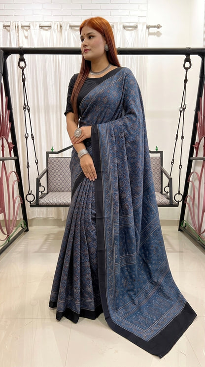 Indigo Pure Modal Silk Ajrakh Print Saree