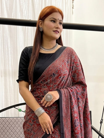 Red Ajrakh Pure Modal Silk Saree
