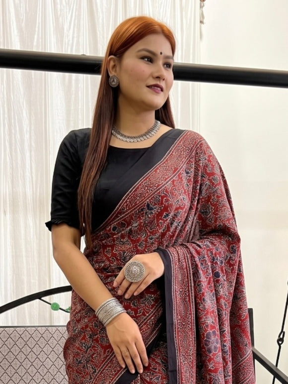 Red Ajrakh Pure Modal Silk Saree