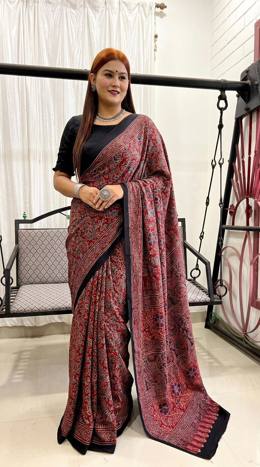 Red Ajrakh Pure Modal Silk Saree