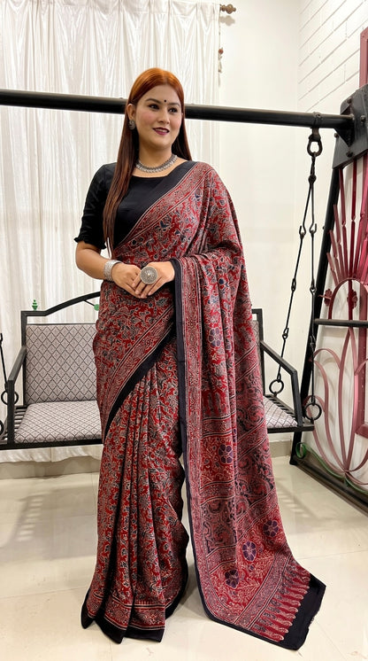 Red Ajrakh Pure Modal Silk Saree