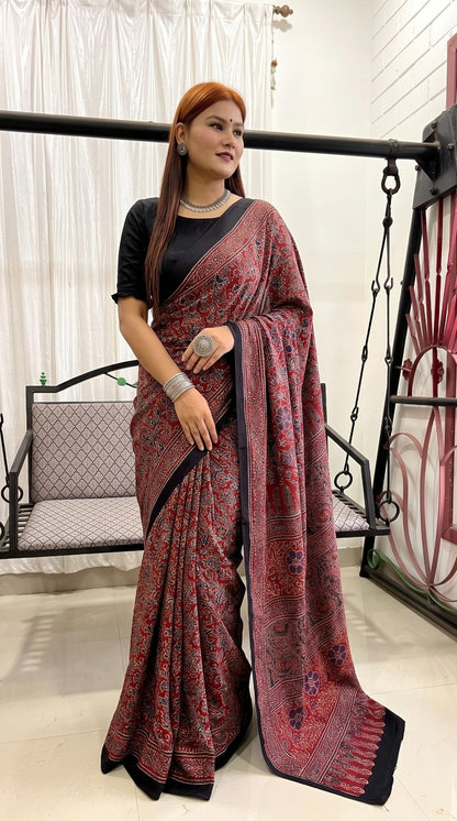 Red Ajrakh Pure Modal Silk Saree