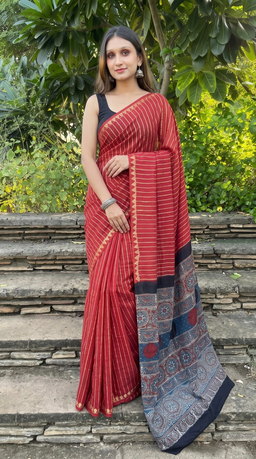 Red Pure Modal Silk Ajrakh Print Saree