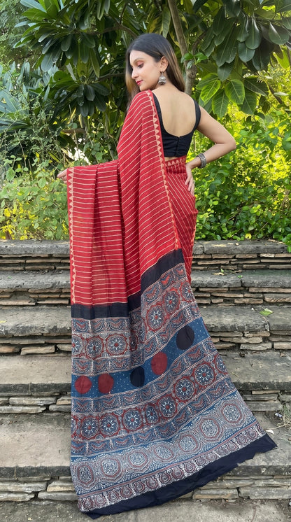 Red Pure Modal Silk Ajrakh Print Saree