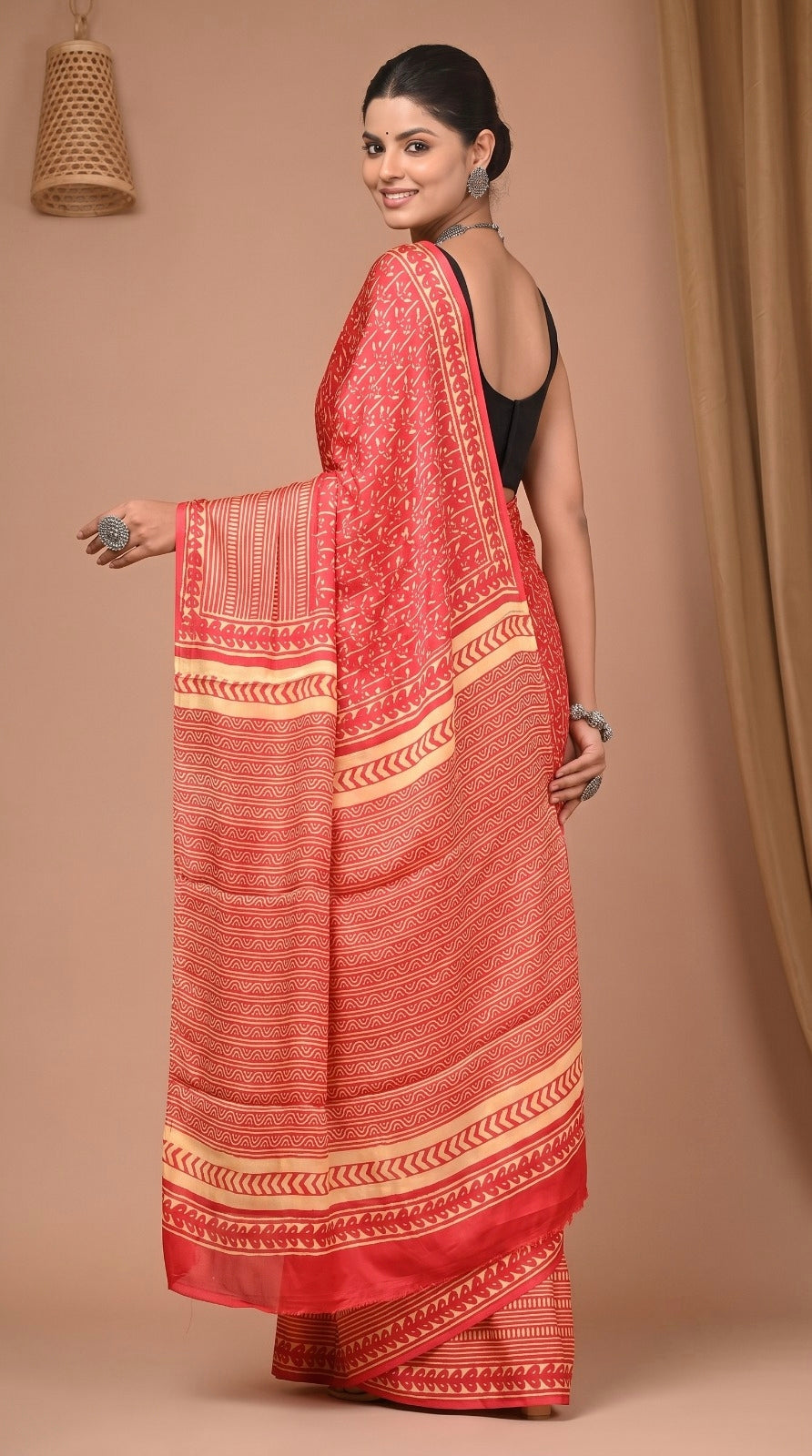 Red Pure Modal Silk Bagru Print Saree