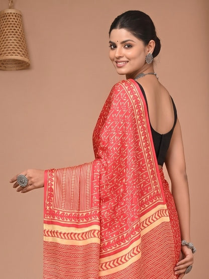 Red Pure Modal Silk Bagru Print Saree