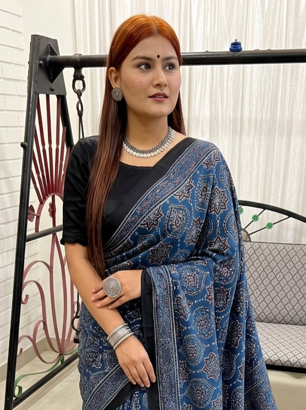Indigo Pure Modal Silk Ajrakh Print Saree