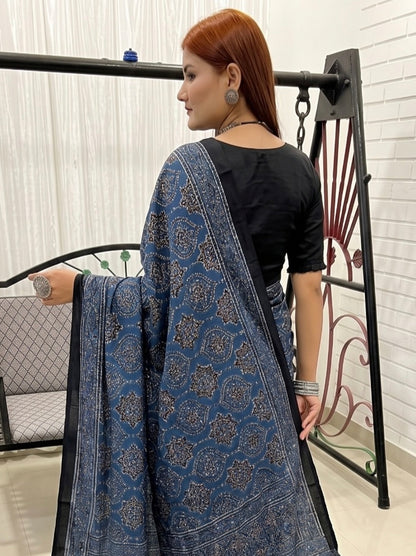 Indigo Pure Modal Silk Ajrakh Print Saree