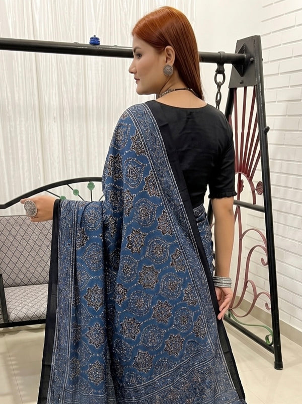 Indigo Pure Modal Silk Ajrakh Print Saree