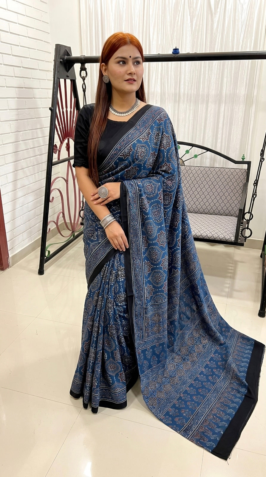 Indigo Pure Modal Silk Ajrakh Print Saree
