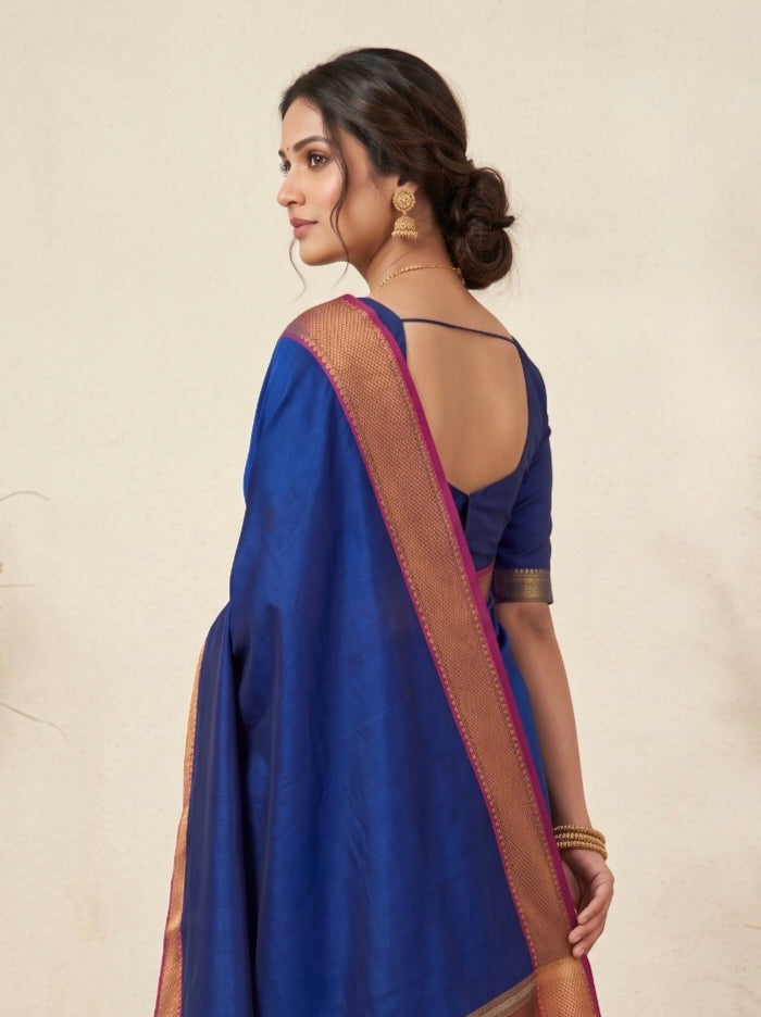Navy Blue Maheshwari Silk Saree with Chatai Border