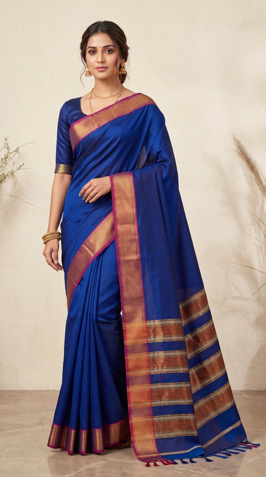 Navy Blue Maheshwari Silk Saree with Chatai Border