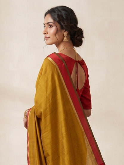 Ochre Maheshwari Silk Saree with Resham Border