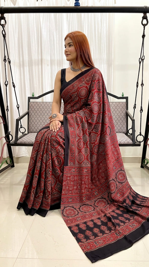 Red Ajrakh Pure Modal Silk Saree