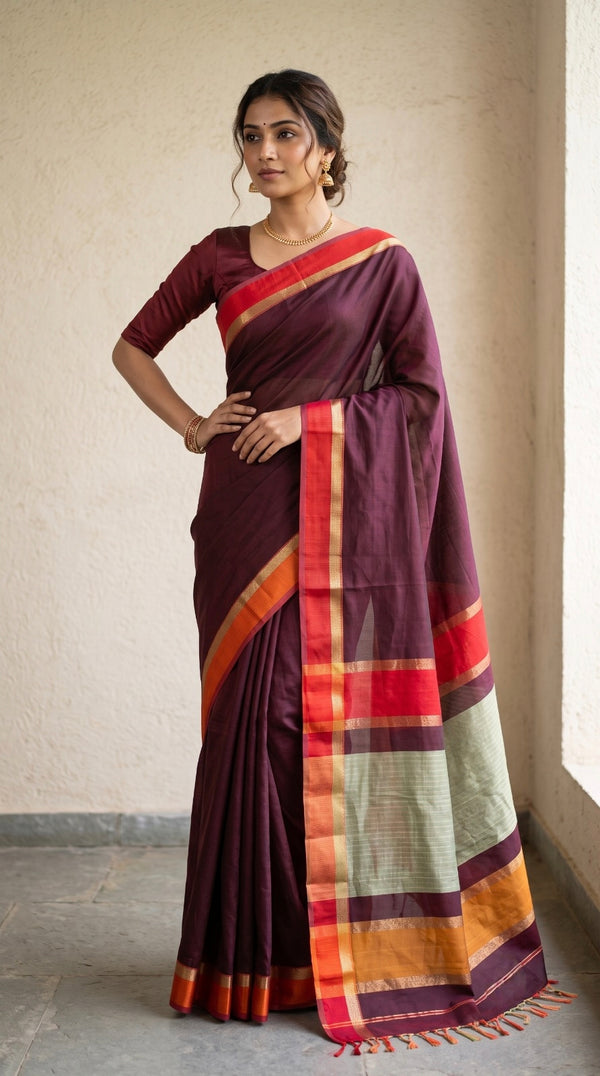 Wine Maheshwari Silk Saree with Ghicha Pallu