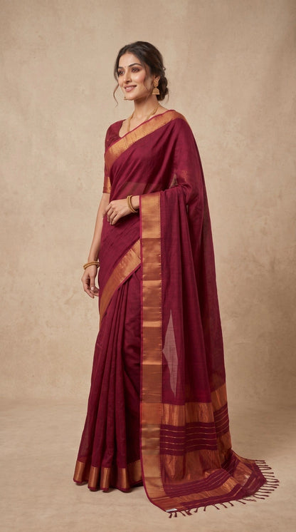 Maroon Maheshwari Silk Saree with Lehar Border