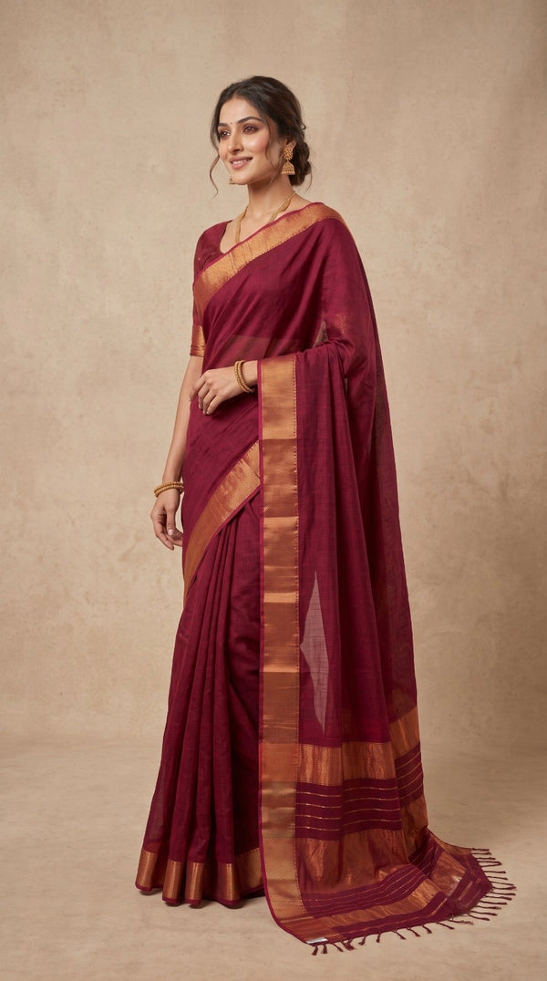 Maroon Maheshwari Silk Saree with Lehar Border