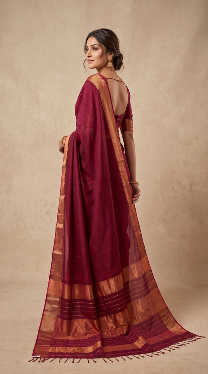 Maroon Maheshwari Silk Saree with Lehar Border