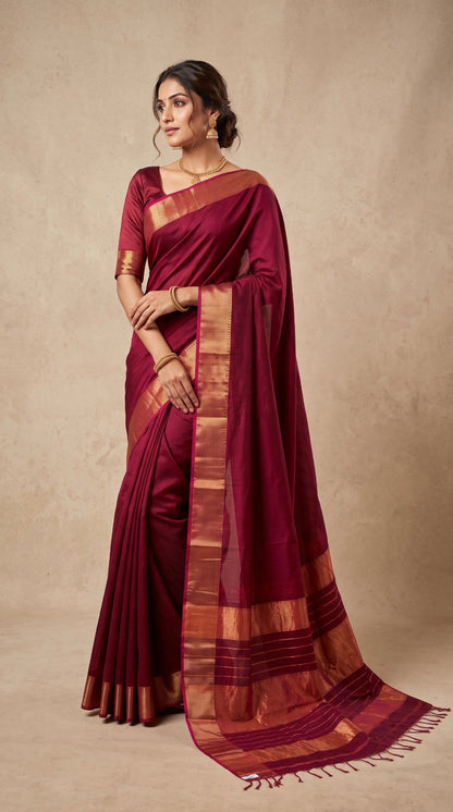 Maroon Maheshwari Silk Saree with Lehar Border