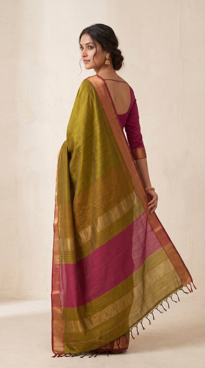 Mehndi Green Maheshwari Silk Saree with Zari Border