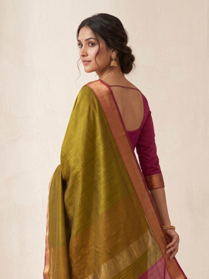 Mehndi Green Maheshwari Silk Saree with Zari Border