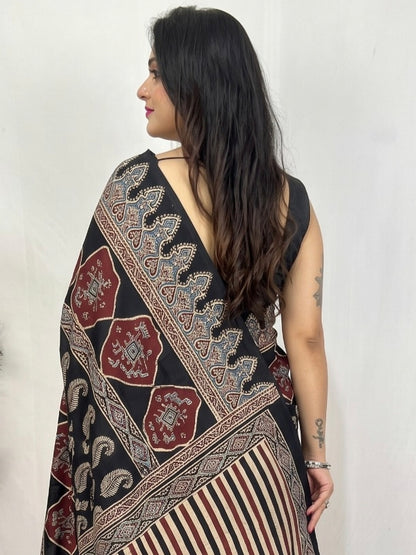 Black Pure Modal Silk Ajrakh Print Saree