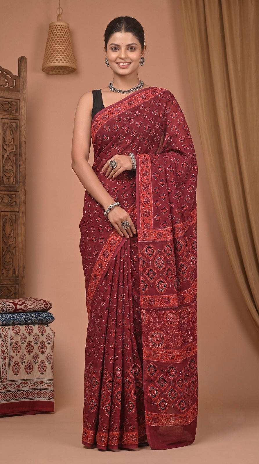 Wine Pure Modal Silk Bagru Print Saree