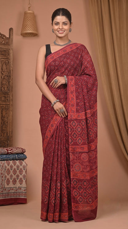 Wine Pure Modal Silk Bagru Print Saree
