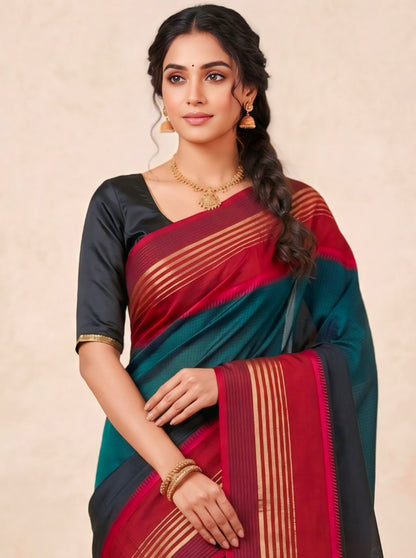Black Maheshwari Silk Saree with V Border