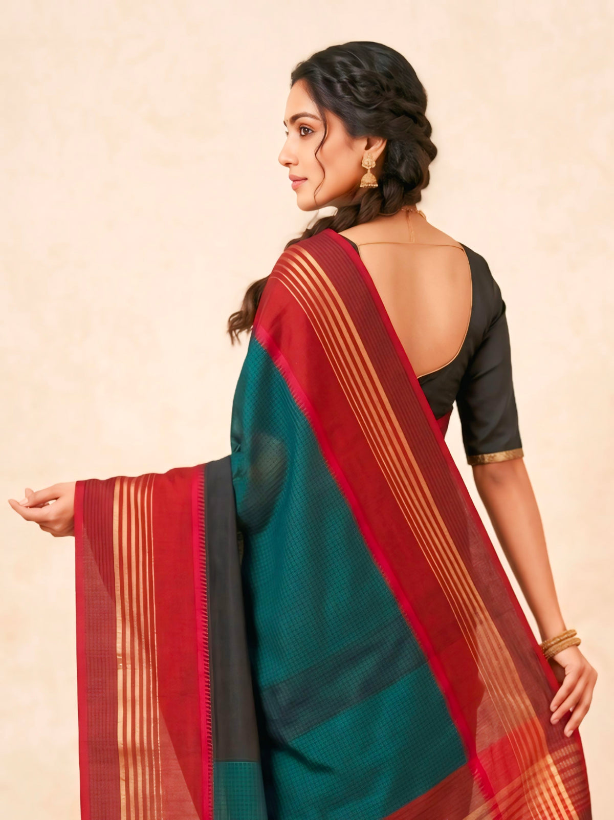 Black Maheshwari Silk Saree with V Border