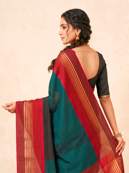 Black Maheshwari Silk Saree with V Border