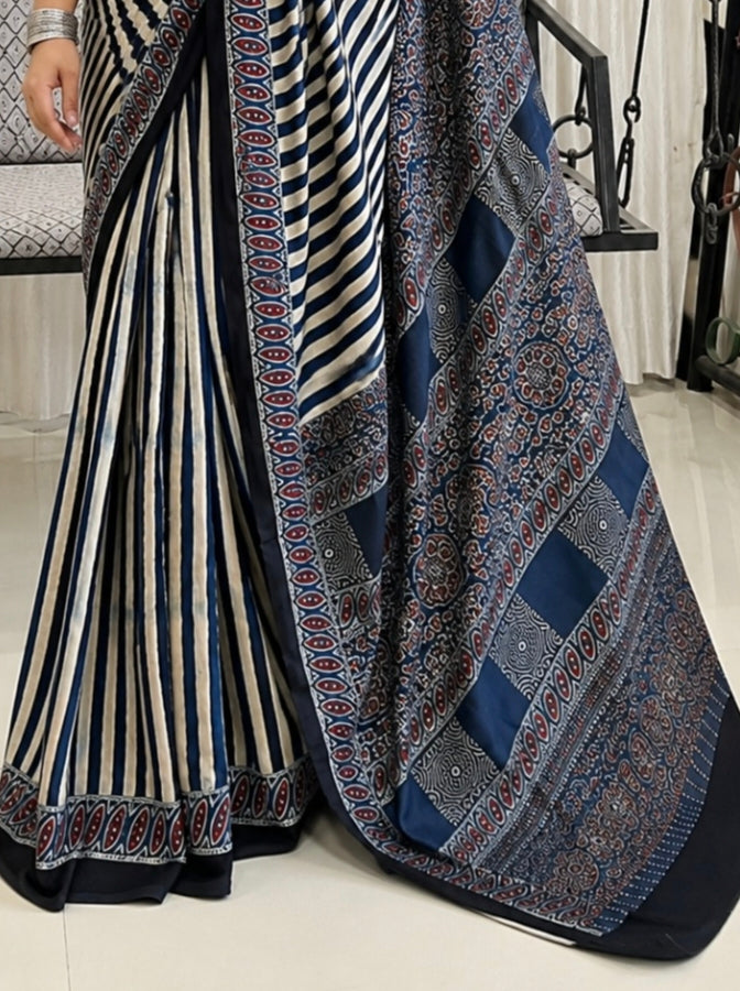 Indigo Ajrakh Pure Modal Silk Saree