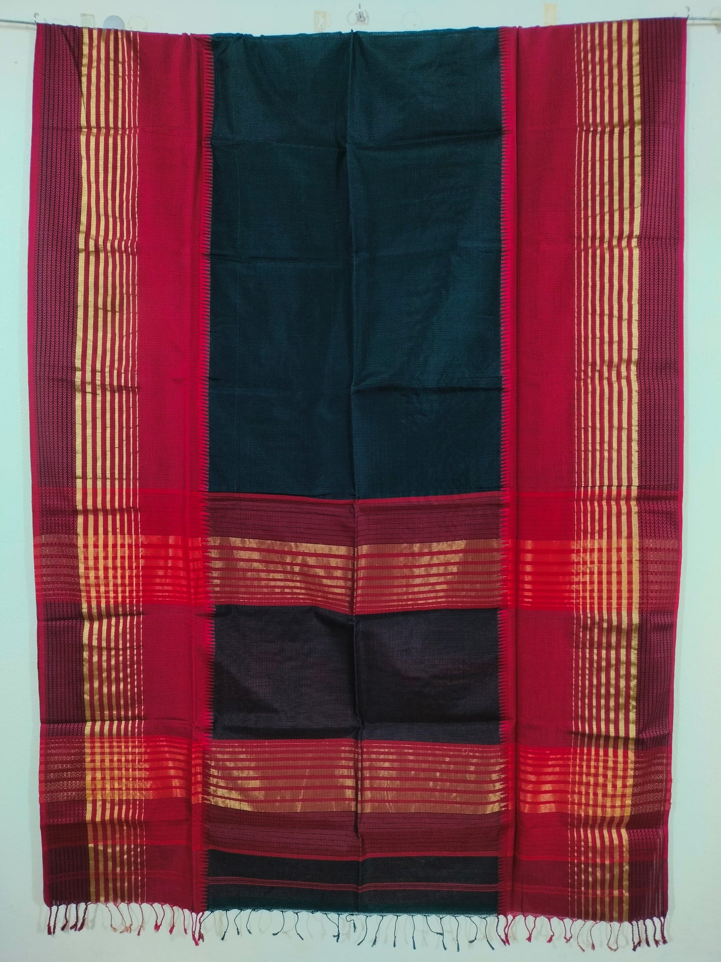 Black Maheshwari Silk Saree with V Border