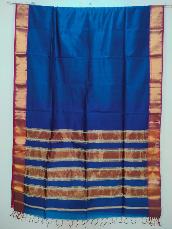 Navy Blue Maheshwari Silk Saree with Chatai Border