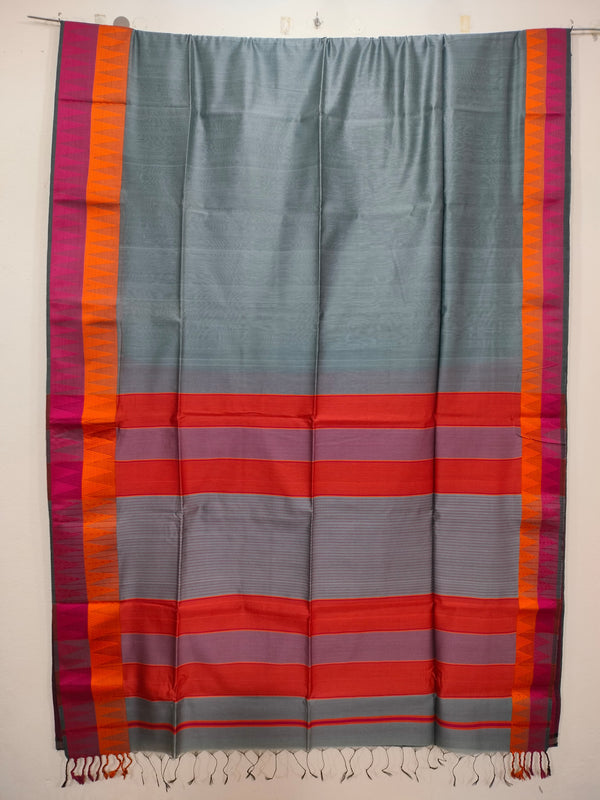 Grey Maheshwari Silk Saree with Temple Border