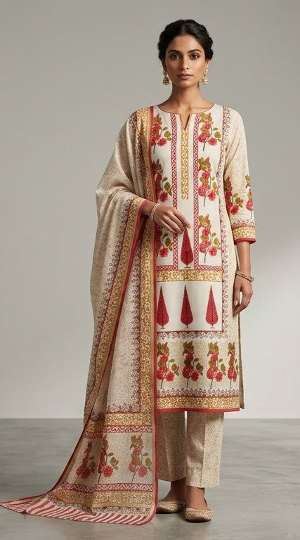 Handblock Print Cream Red Floral Cotton Dress Materials