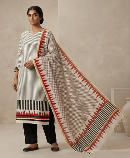 Handblock Print Red Black Geometric Cotton Dress Materials