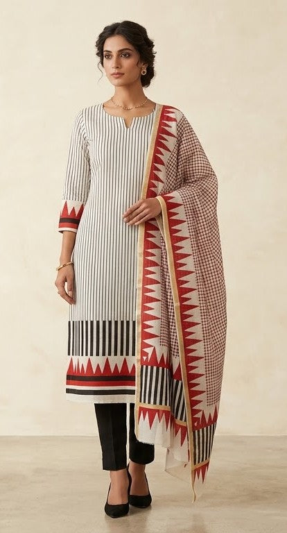 Handblock Print Red Black Geometric Cotton Dress Materials