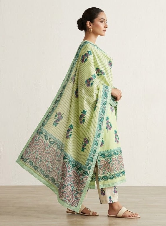 Handblock Print Pista Green Floral Cotton Dress Materials
