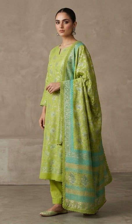Handblock Print Olive Green Cotton/Silk Dress Materials