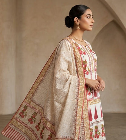 Handblock Print Cream Red Floral Cotton Dress Materials