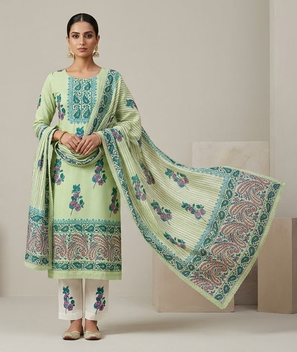 Handblock Print Pista Green Floral Cotton Dress Materials