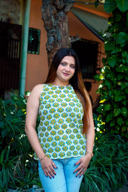 White Bagru Handblock Printed Halter Neck Short Top