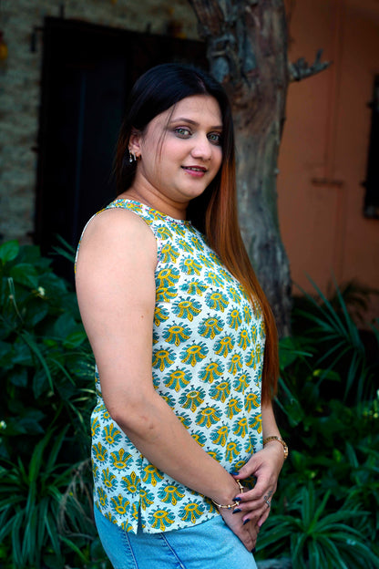 White Bagru Handblock Printed Halter Neck Short Top