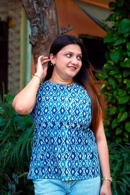 Indigo Dabu Handblock Printed Halter Neck Short Top