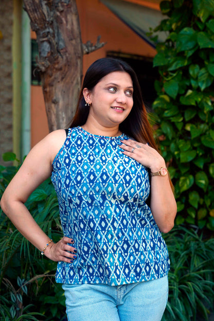 Indigo Dabu Handblock Printed Halter Neck Short Top