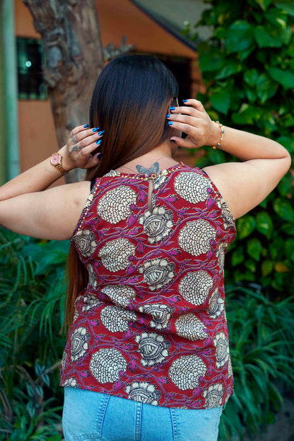 Red Kalamkari Halter Neck Short Top