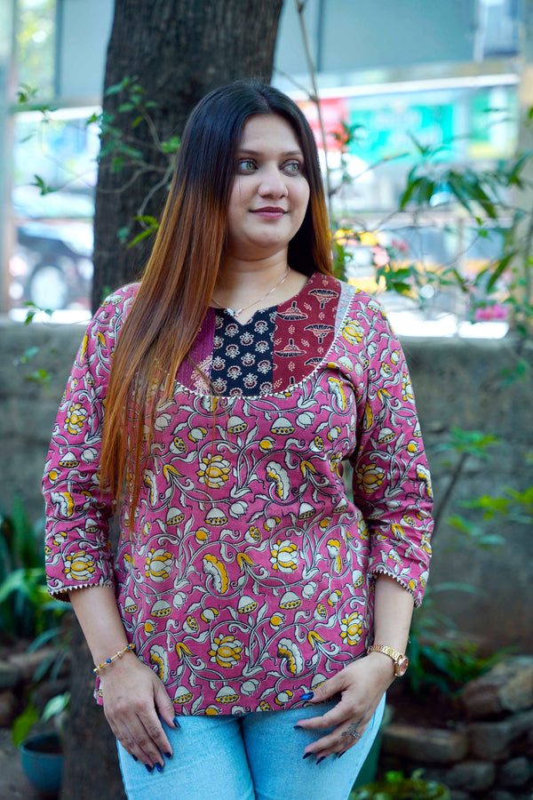 Pink Kalamkari Handblock Printed Cotton Top