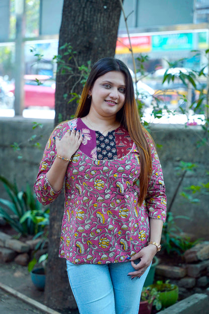 Pink Kalamkari Handblock Printed Cotton Top