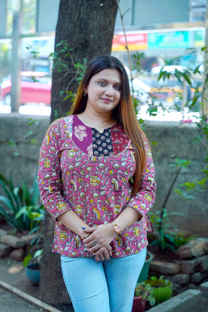 Pink Kalamkari Handblock Printed Cotton Top
